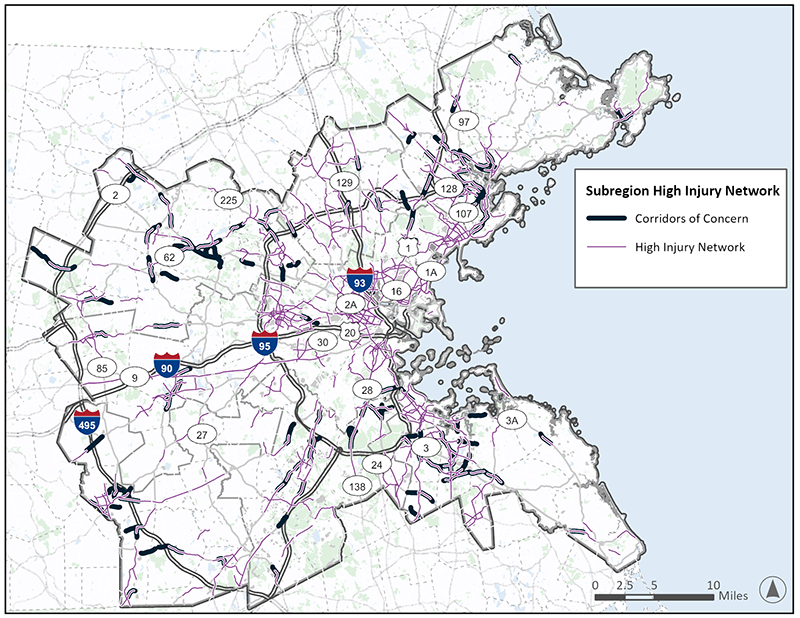 Figure 1.3: A map of the entire Boston MPO Region which displays road segments as lines depicting the crash hotspots within each of the eight subregions.